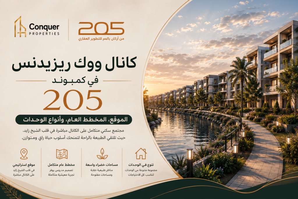 كانال ووك ريزيدنس في كمبوند 205: الموقع، المخطط العام، وأنواع الوحدات