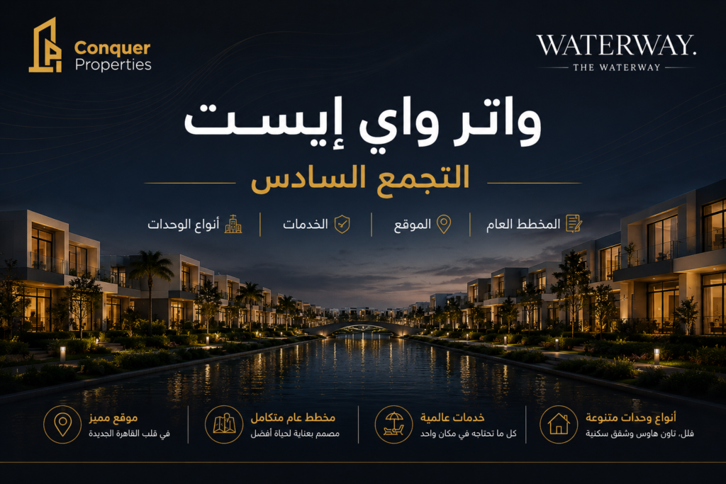 واتر واي إيست التجمع السادس | المخطط العام، الموقع، المرافق وأنواع الوحدات